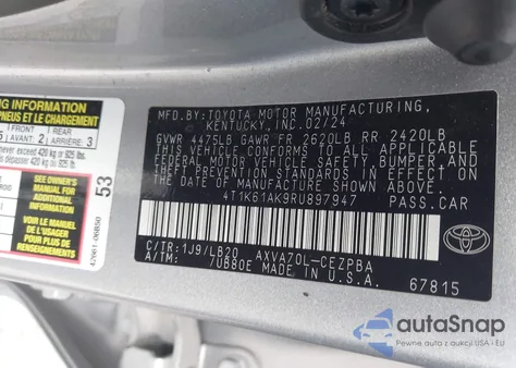 2024 Toyota Camry Xse from USA, damaged, VIN 4T1K61AK9RU897947